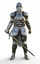 Powerful Medieval Knight Standing With A Full Suit Of Armor And Holding A Sword Weapon On A White Background. 3d Rendering