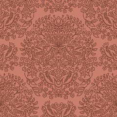 Russet brown arabesque paisley background. Seamless retro indian damask vector pattern. Vintage flower texture background. Pretty lace fashion or home decor swatch. Decorative  flourish all over print