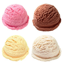 Vanilla, Strawberry, Chocolate, Yellow Ice Cream Scoops From Top View Isolated On White Background