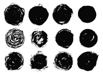 Wall Mural - Collection of isolated vector black round grunge scratch and textured ink brush strokes. Dirty expressive hand drawn inky stains and blobs for graphic design, decoration