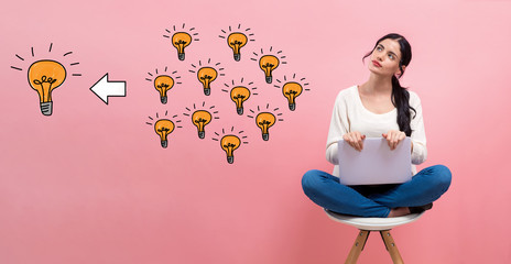 Sticker - Many small ideas into one big idea with young woman using a laptop computer