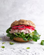 Spring sandwich with cottage cheese, radish, chives and lamb's lettuce on a light background