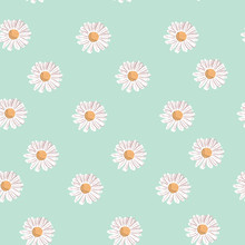 Repeat Vector Daisy Flower Pattern With Mint Background. Seamless Floral Pattern. Stylish Repeating Texture. 