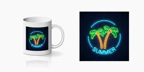 Wall Mural - Neon happy summer print with two palms and text in round frame for cup design. Shiny summertime symbol, design, banner in neon style on mug mockup. Vector shiny design element