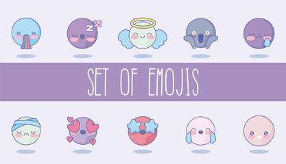 Canvas Print - set of cute emojis over purple background