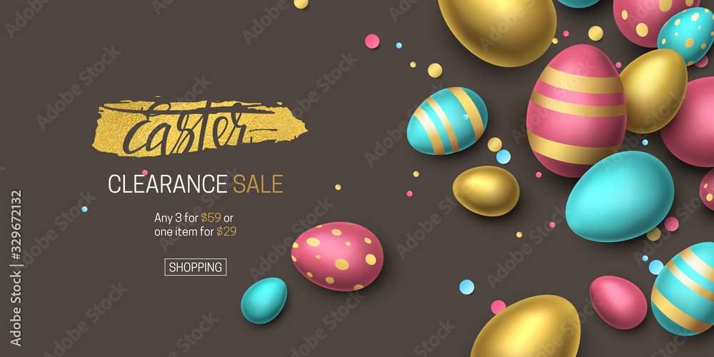 Elegant horizontal sale banner with confetti and 3D realistic golden, blue, pink eggs on dark background. Vector festive template with text Easter on foil brush stroke for flyer with special offers. - obrazy, fototapety, plakaty 