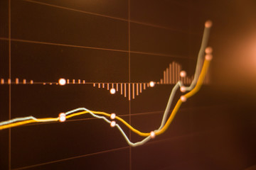 Stock market trading graph and candlestick chart on screen monitor for financial investment and economic concept.