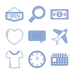 Canvas Print - airplane and shopping icons set, blue outline style