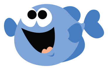 Sticker - Happy blue fish, illustration, vector on white background.