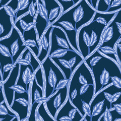 Naklejka na meble Seamless vintage background leaves blue modern etching pattern