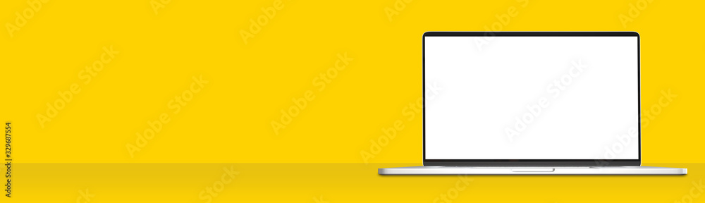 Open laptop computer blank screen with clipping path for easy replace you design you design mockup on simple yellow color wide banner background - obrazy, fototapety, plakaty 
