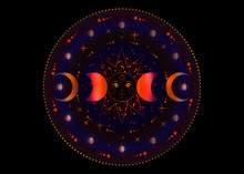 Triple Moon, Colorful Pagan Wiccan Goddess Symbol, Sun System, Moon Phases, Orbits Of Planets, Energy Circle. Sacred Geometry Of The Wheel Of The Year, Vector Isolated On Transparent Black Background