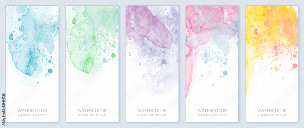 Set of light colorful vertical vector watercolor backgrounds for banner, brochure or flyer - obrazy, fototapety, plakaty 