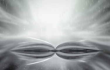 Poster - Stack of books in the library and blur bookshelf background	