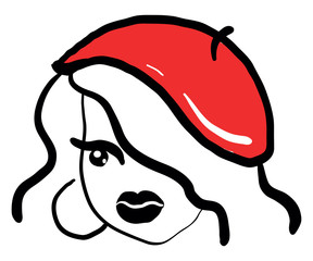 Sticker - Girl with red hat, illustration, vector on white background.