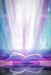 Poster - The concept of education by planting a tree of knowledge in the opening of an old book in the library and the magical magic of light that flies to the destination of success. Beautiful background
