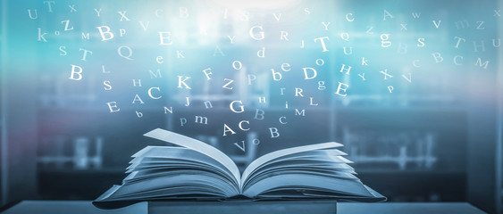 Poster - 	 The concept of education by planting a tree of knowledge in the opening of an old book in the library and the magical magic of light that flies to the destination of success. Beautiful background