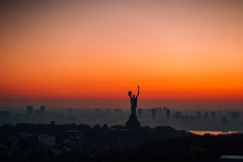 Mother Motherland Monument At Sunset. In Kiev, Ukraine.