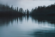 Silhouettes Of Pointy Tree Tops On Hillside Along Mountain Lake In Dense Fog. Reflex Of Pines To Calm Water Of Highland Lake. Alpine Tranquil Landscape At Early Morning. Ghostly Atmospheric Scenery.