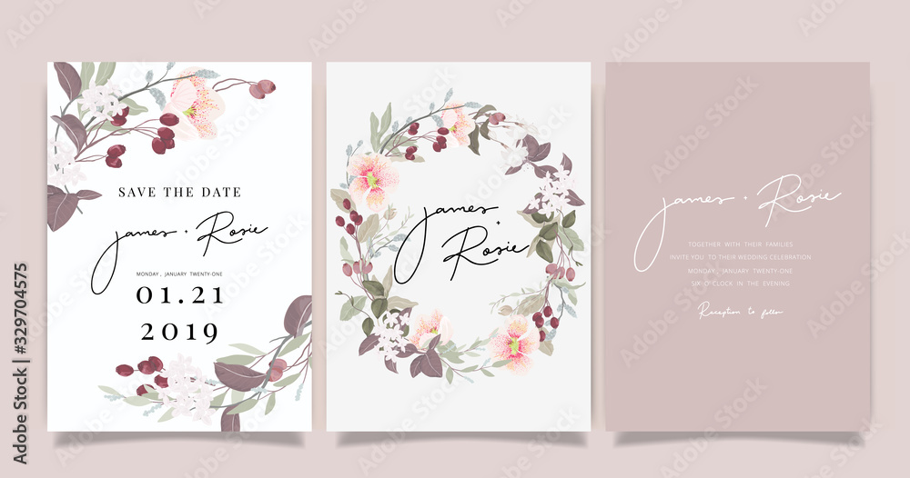 sherry blossom Summer Flower Wedding Invitation set, floral invite thank you, rsvp modern card Design in pink leaf greenery  branches with blue background decorative Vector elegant rustic template - obrazy, fototapety, plakaty 