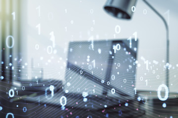 Poster - Creative concept of binary code illustration on modern laptop background. Big data and coding concept. Multiexposure