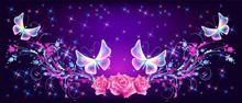 Flying Fantasy Butterflies With Roses And Sparkle Stars