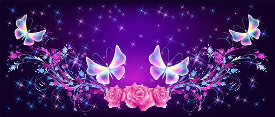 Wall Mural - Flying fantasy butterflies with roses and sparkle stars