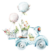 Spring. Biking With Balloons And Flowers. Watercolor