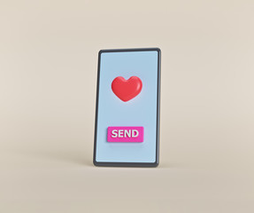 Poster - heart in a smartphone with send button. Sending love message concept. minimal style. 3d rendering
