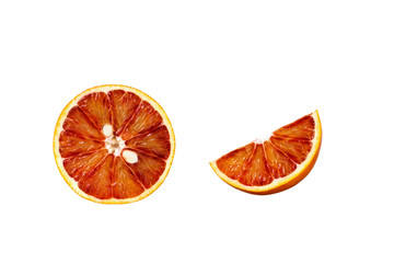 Wall Mural - Round red blood orange fruit and a quarter slices isolated on white background, close-up