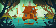 Stilt House In Swamp With Boat. Marsh Landscape With Old Hut. Vector Cartoon Illustration Of Wild Rain Forest With Lake, Pond Or Bog With Wooden House