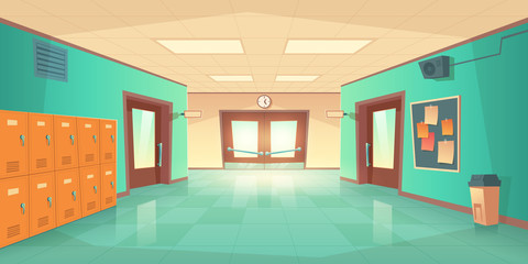 School hallway interior with entrance doors, lockers and bulletin board on wall. Vector cartoon illustration of empty corridor in college, university with closed classrooms doors