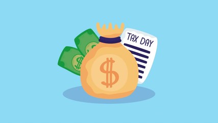 Poster - tax day animation with receipt document and money bag