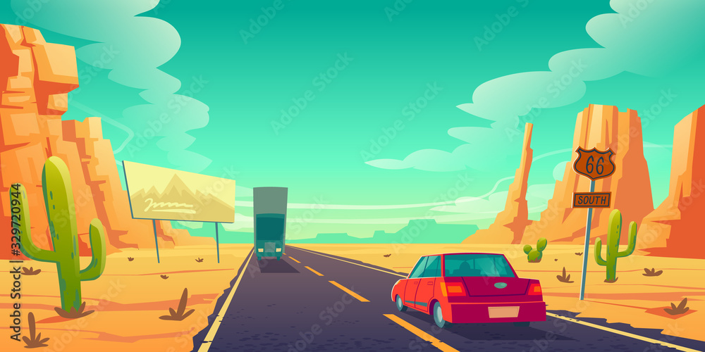 Road in desert with cars riding long asphalt highway with 66 route sign, ad billboard, rocks and cacti. Roadway landscape with skyline, rocky barren wasteland. Travel trip cartoon vector illustration - obrazy, fototapety, plakaty 