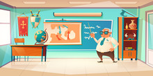 Classroom For History Subject With Old Teacher. Vector Cartoon Illustration Of School Class Interior With Globe On Desk, Blackboard And Historic Map On Wall