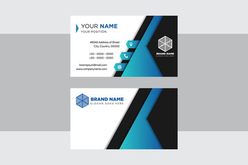 Wall Mural - Visiting company Creative and Clean business card design template. Double-sided horizontal layout of identity card. Vector mock up illustration. Stationery design with diagonal and triangle shape