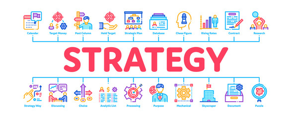 Aufkleber - Strategy Manager Job Minimal Infographic Web Banner Vector. Contract Signing And Customer Database, Business Direction Strategy Manager Illustrations