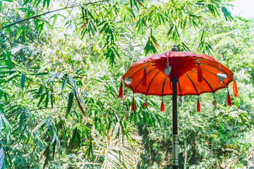 Traditional Balinese red umbrella against the background of the jungle. A symbol of protection in Balinese culture. Bamboo thickets on the background. Sunny day