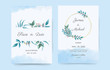 Wedding Invitation Cards blue leaves, floral , gold circle modern design.Watercolor backdroud. Vector decorative greeting card