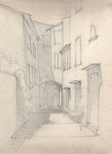 A Pencil Sketch Of City Street, Sepia Color. Watercolor Style