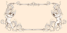 Elegant Border Frame With Cupids For Weddings, Valentine`s Day And Other Holidays. Decorative Element In The Style Of Vintage Engraving With Baroque Ornament