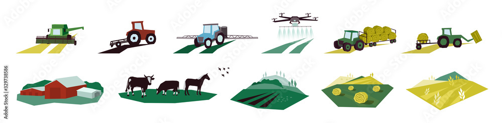 Set of agriculture objects. Icons with irrigation tractor, farm animals, combine harvester, drone. Vector illustrations of machinery, farming, livestock with cow, hayfield, cultivated and plowed land. - obrazy, fototapety, plakaty 