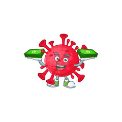 Poster - happy rich coronavirus amoeba character with money on hands