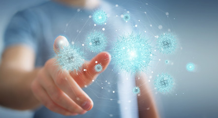Poster - Man analyzing bacteria with digital holographic projection close-up 3D rendering