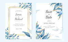 Wedding Invitation Card, Blue Leaves, Golden Frame, Watercolor, Template