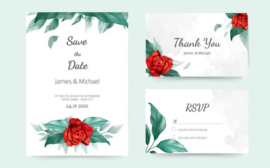 Wall Mural - Floral Wedding Invitation Cards rose, red color, watercolor, modern design. Vector decorative greeting card.	