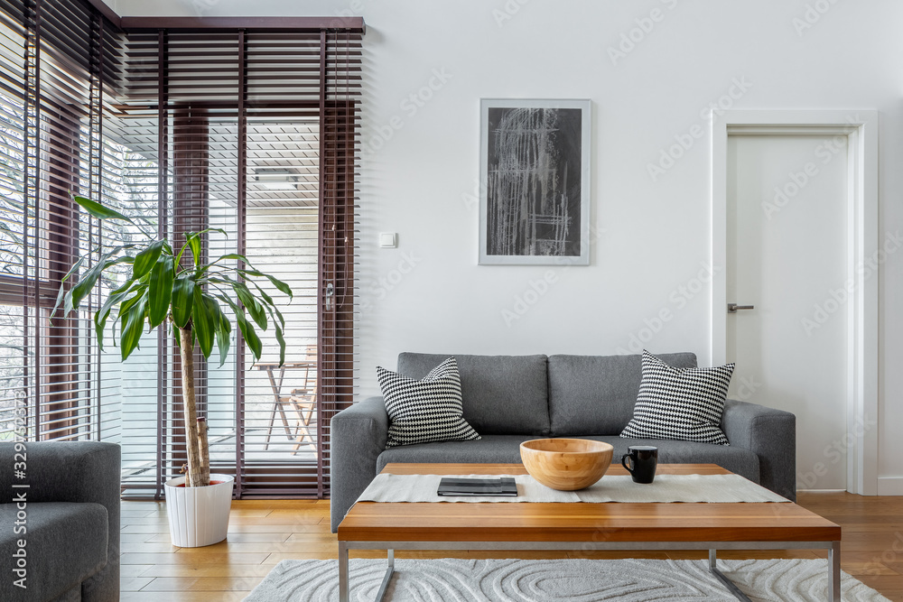 Stylish living room with big windows - obrazy, fototapety, plakaty 