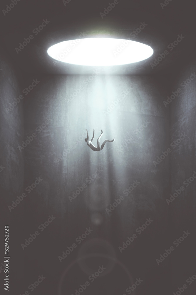 man falling in the void from big hole, surreal concept - obrazy, fototapety, plakaty 