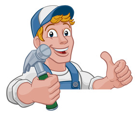 Poster - A handyman carpenter or builder cartoon man holding a hammer. Construction maintenance worker or DIY character mascot. Giving a thumbs up and peeking over a sign