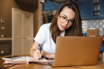 Wall Mural - Image of serious nice woman working with laptop and writing